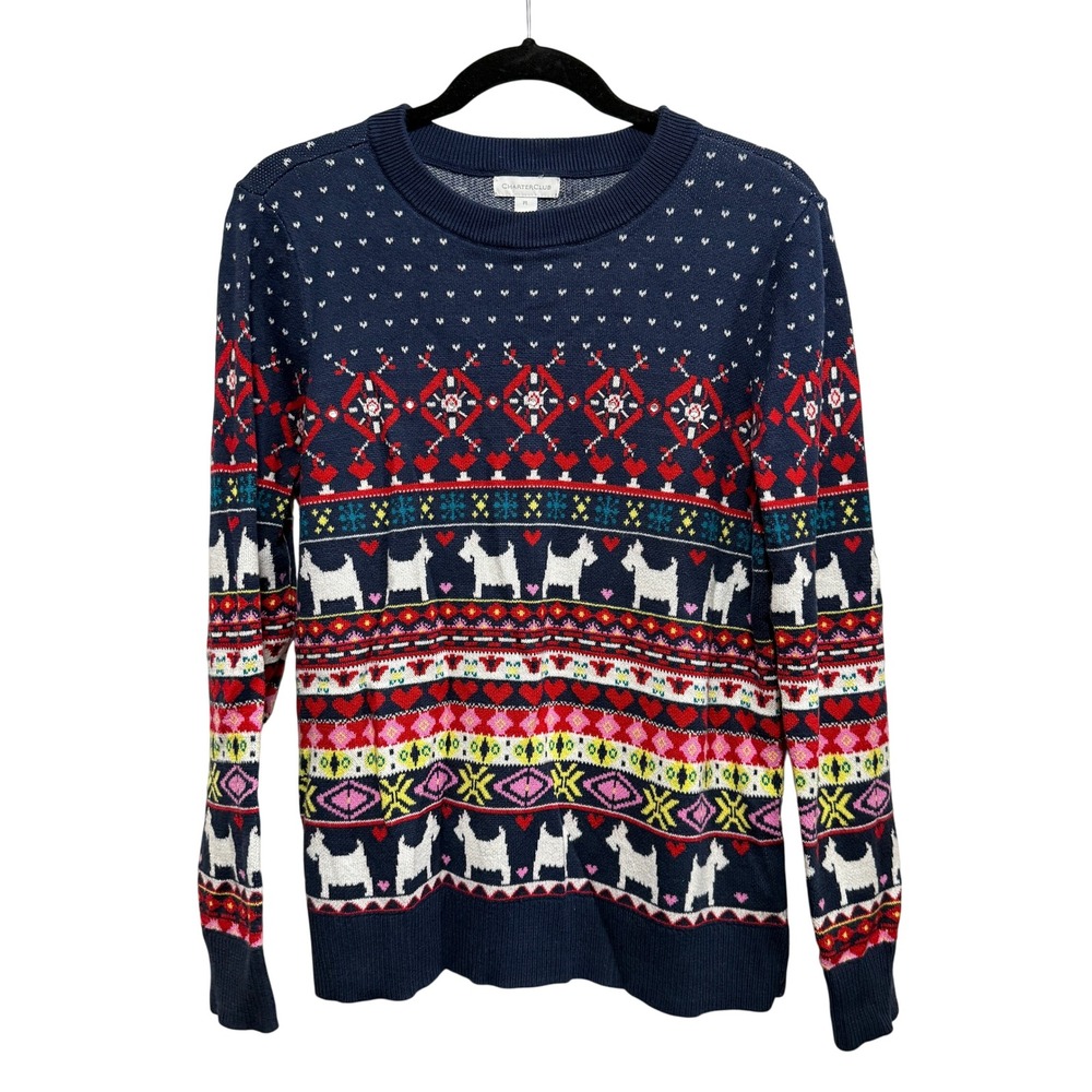Charter Club Womens PL Navy Blue Scottie Dog Fair Isle Cotton Blend Sweater